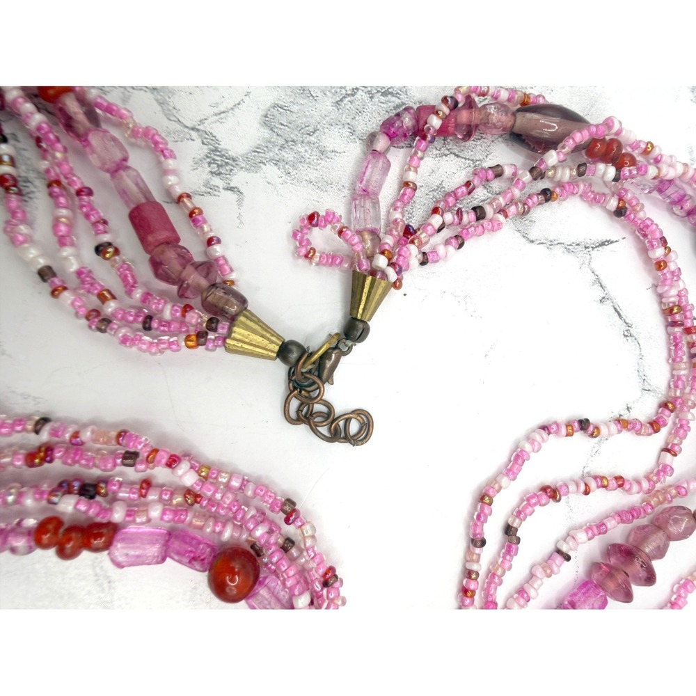Pink 5 Strand Beaded Necklace Glass Beads Gold Bubblegum Barbiecore 30" - Picture 8 of 8
